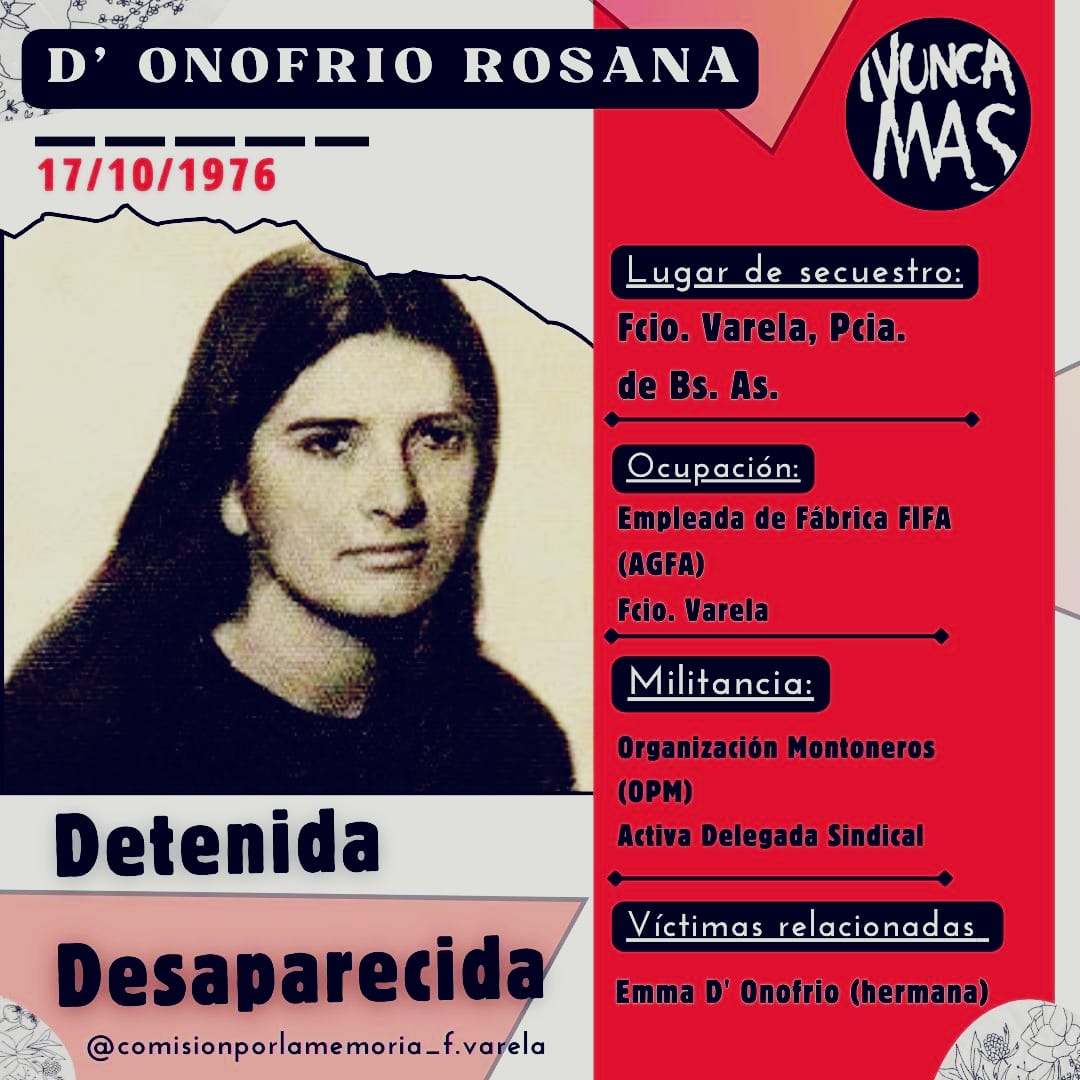 Compañera ROSANA D’ ONOFRIO ¡PRESENTE, AHORA Y SIEMPRE!